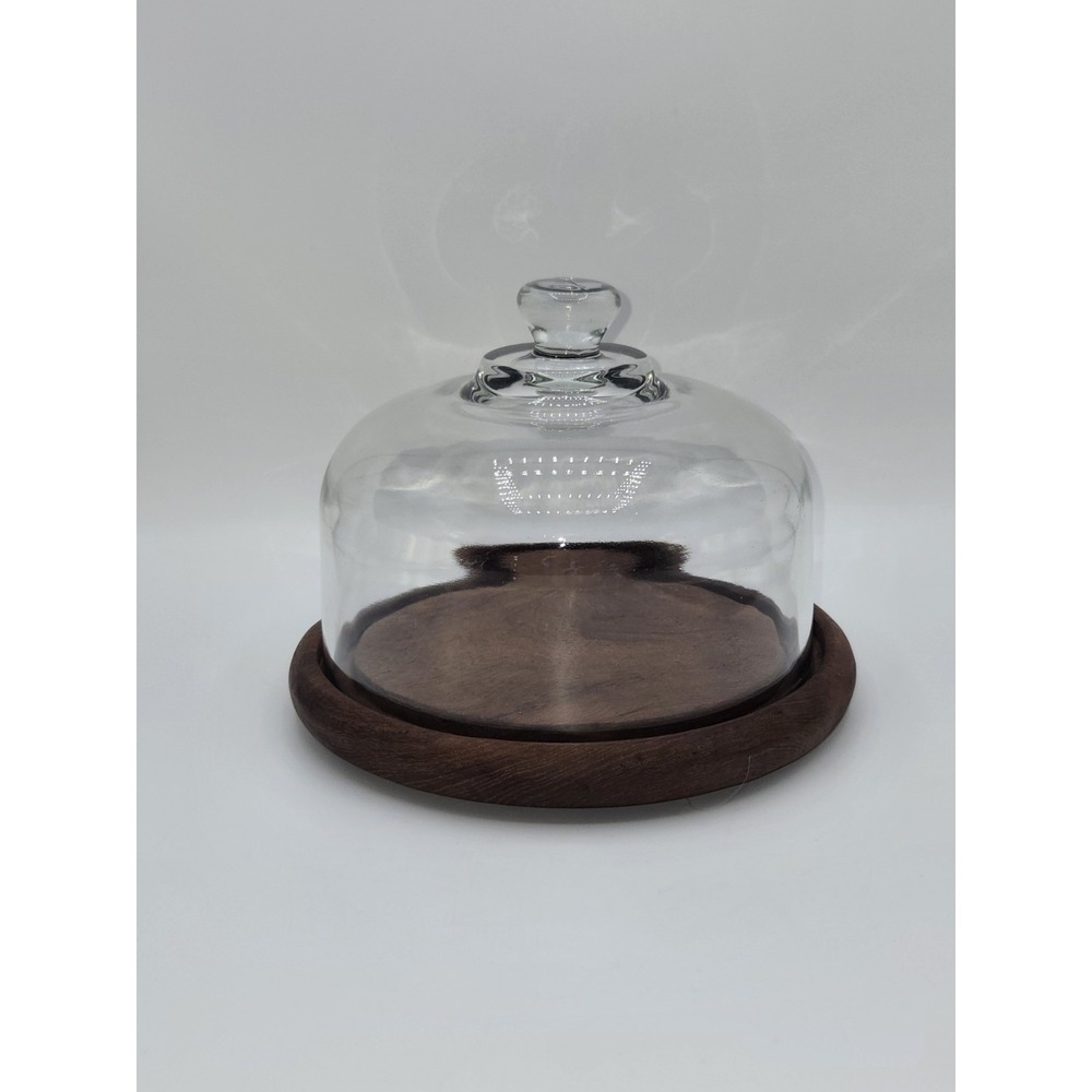 Vintage Goodwood Teak Wood Cheese Dome Cake Stand with Glass Cloche Lid 7.5"